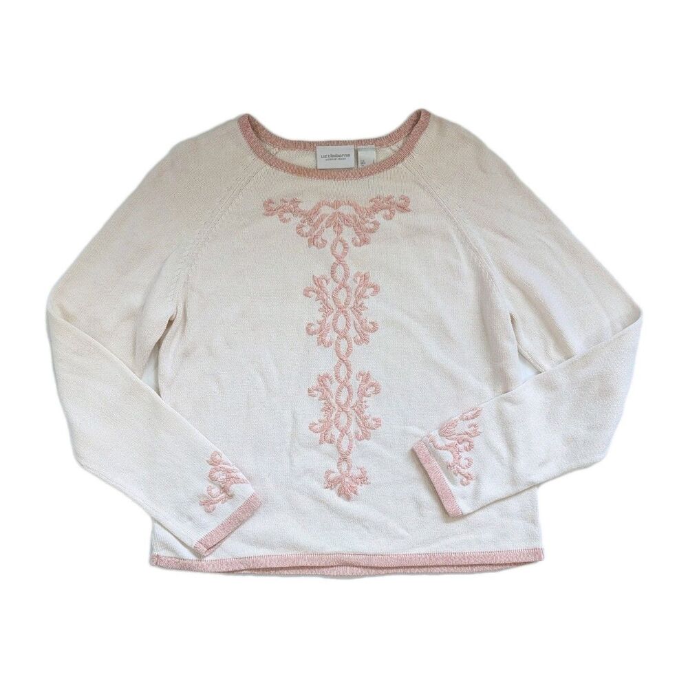 Vintage 90's Liz Claiborne Cream Sweaters Pink Embroidery Cottagecore Size Large